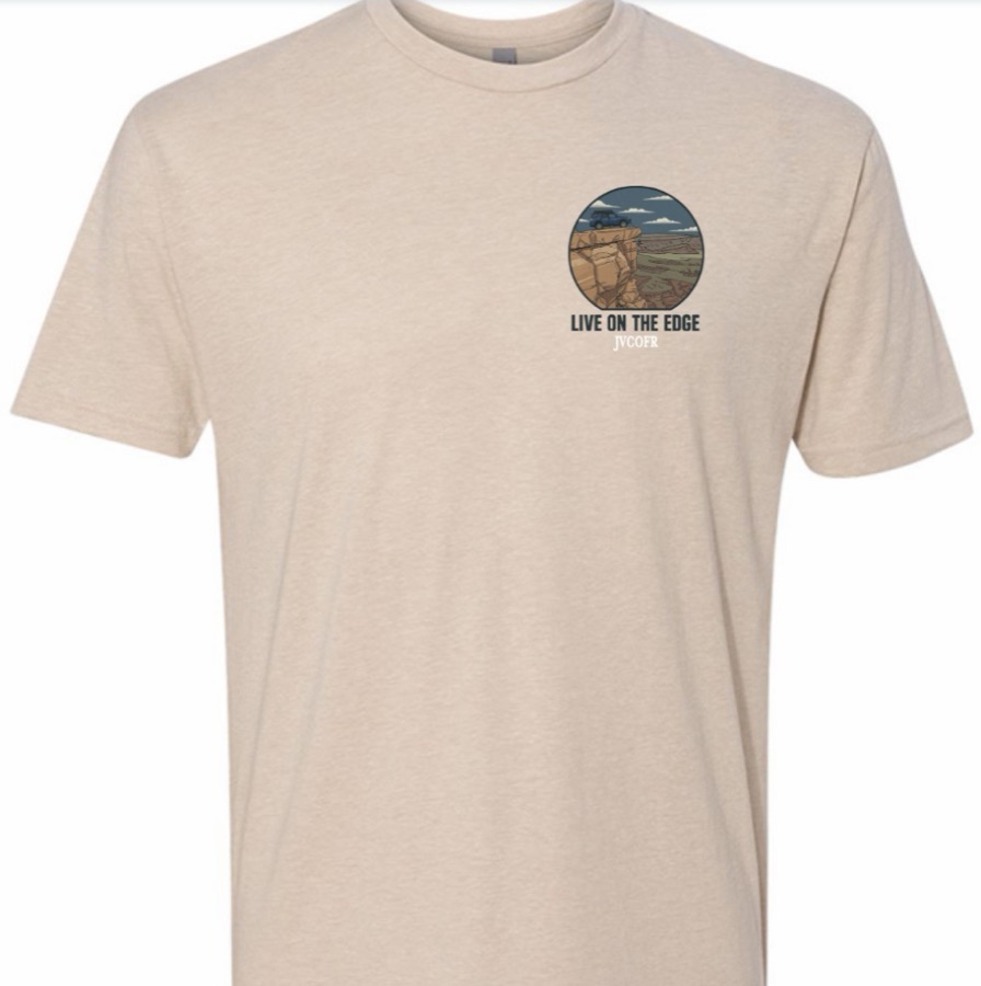 Front of the cream JVC 'Live on the Edge' tee with small chest graphic